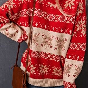 Fiery Red Christmas Snowflake Geometric Pattern Sweater​